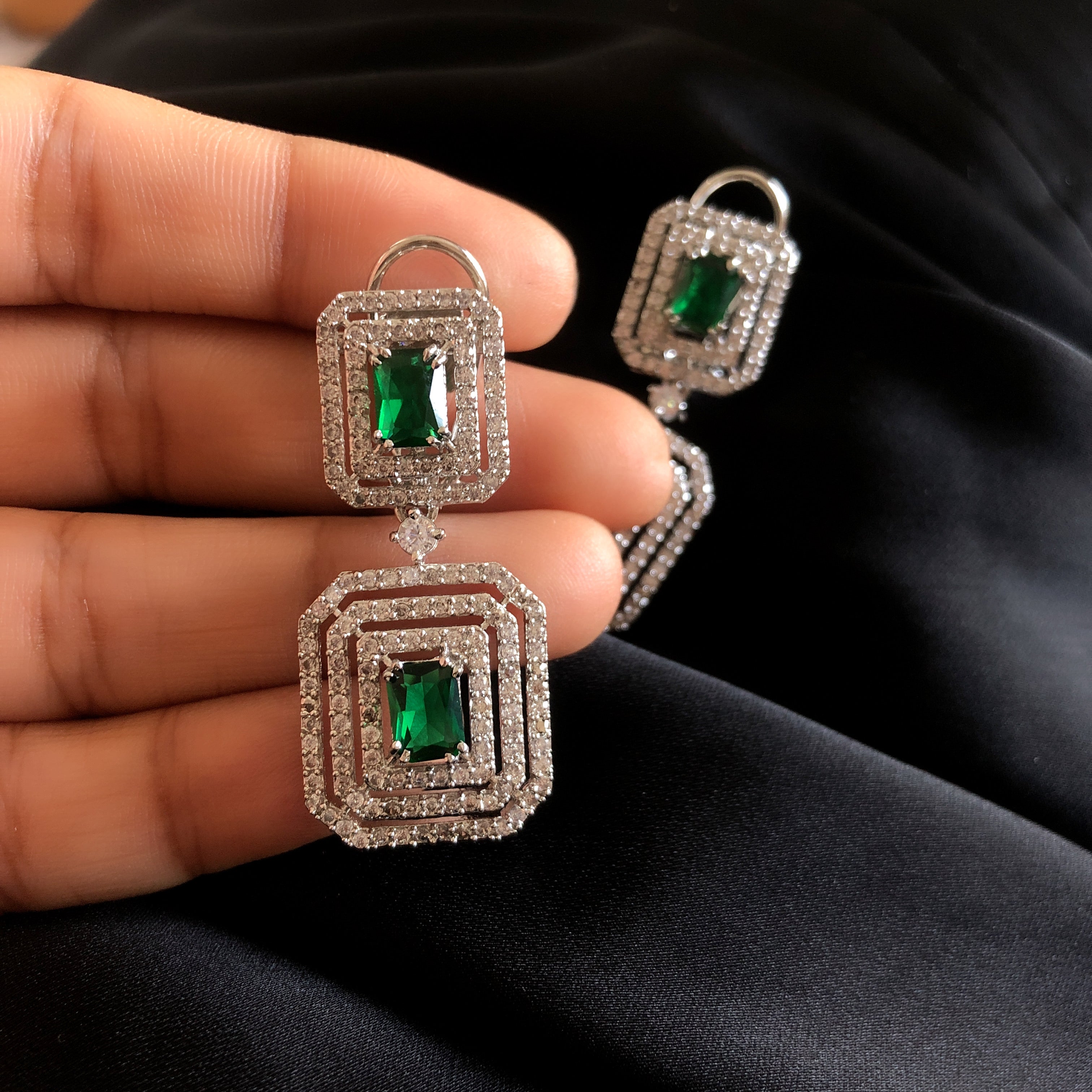 925 Sterling Silver Handmade Designer Pave Diamond Emerald Earrings Jewelry  | eBay