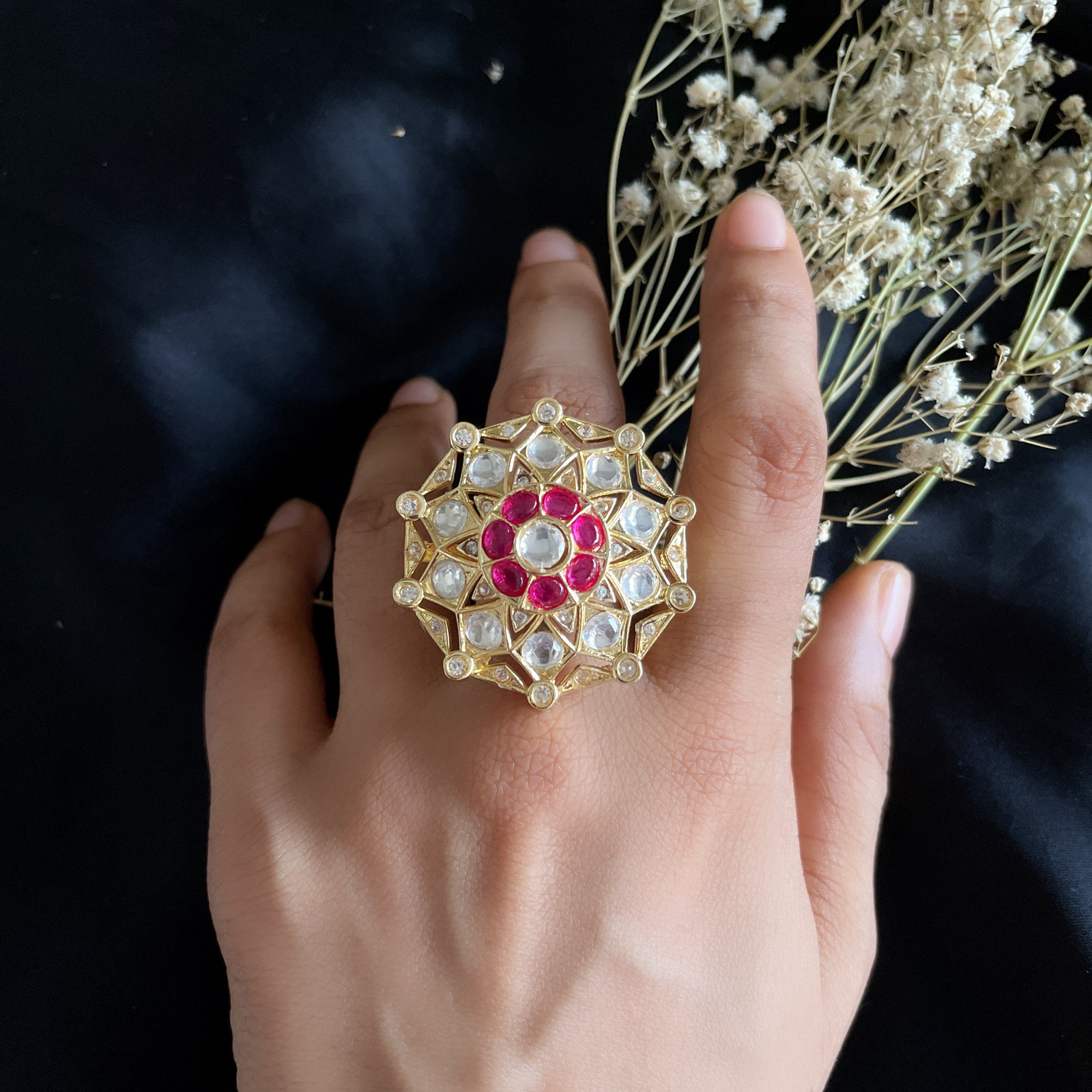 Bold ruby and kundan stone adjustable ring with zircons – Odara Jewellery